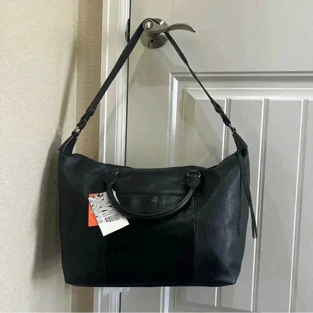 The Sak Sierra Black Leather Double Handled Satchel Purse Bag Shoulder Strap - Picture 10 of 16